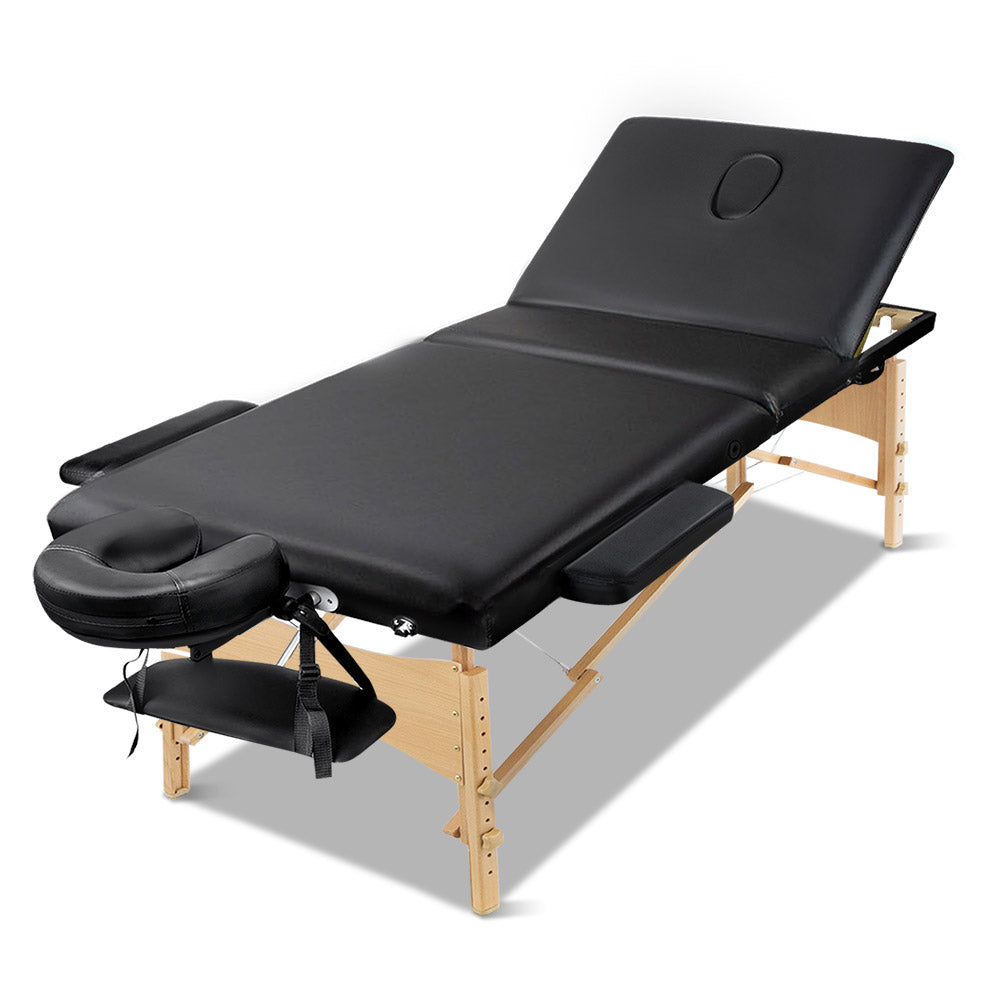 Zenses Massage Table 70cm Portable 3 Fold Wooden Beauty Bed Black-ACT