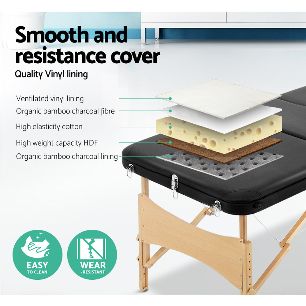 Zenses Massage Table 70cm Portable 3 Fold Wooden Beauty Bed Black-TAS_Rural