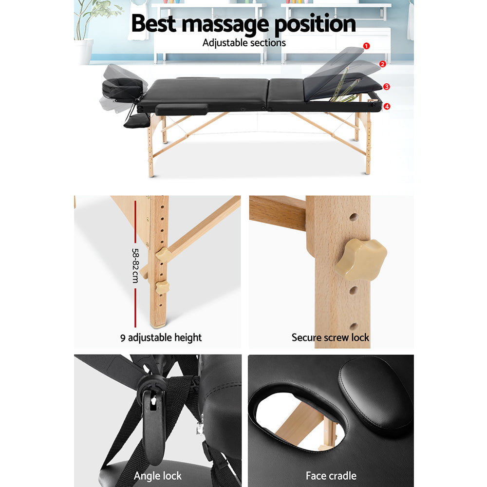 Zenses Massage Table 70cm Portable 3 Fold Wooden Beauty Bed Black-TAS_Rural