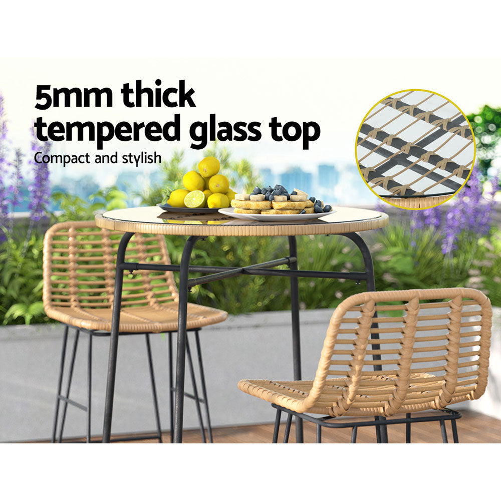 Gardeon Outdoor Bar Table Wicker Dining Bistro Patio Balcony Glass Table Steel