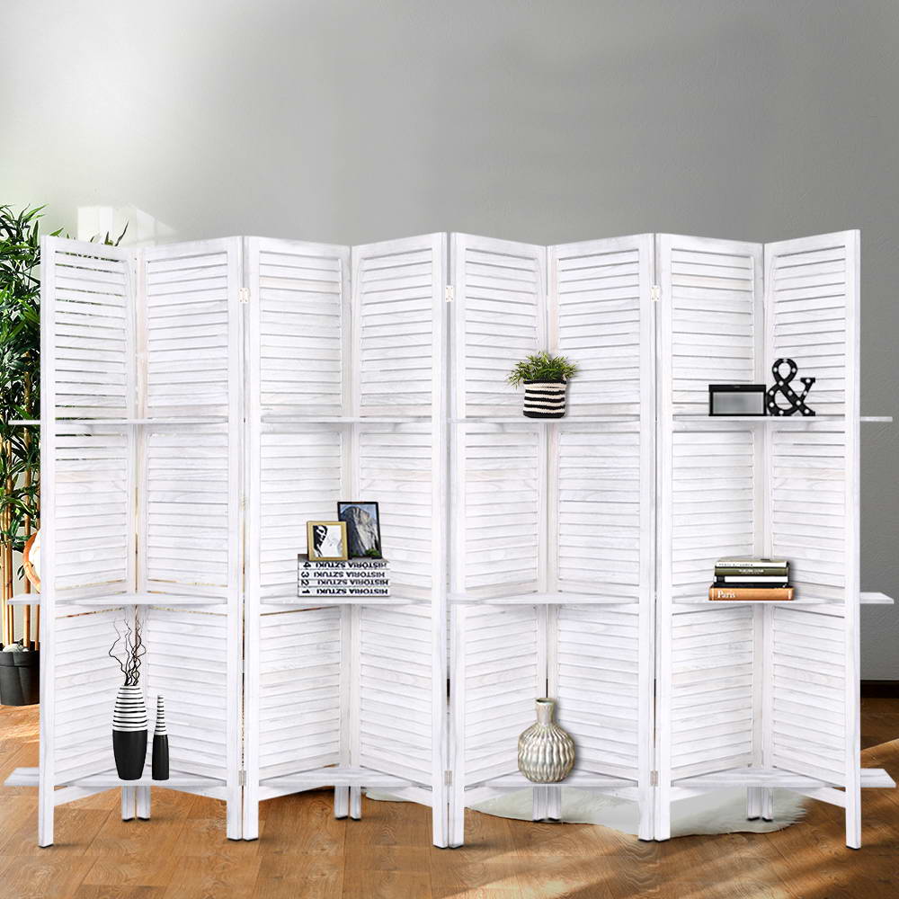 Artiss 8 Panel Room Divider Screen 326x170cm Shelf White-REMOTE