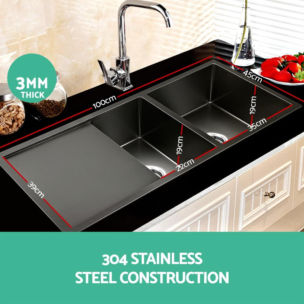 Cefito Kitchen Sink 100X45CM Stainless Steel Basin Double Bowl Nano Black
