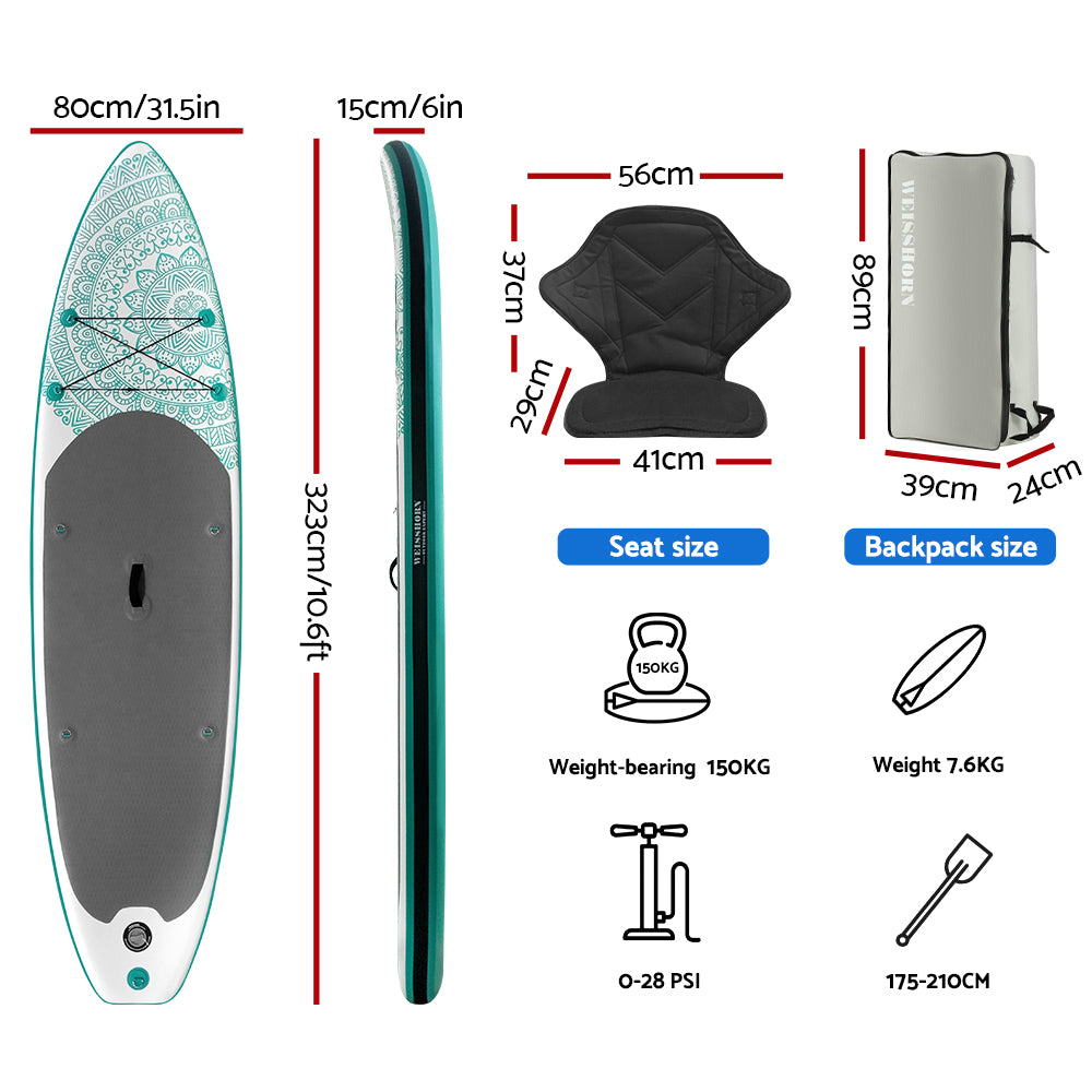 Weisshorn Stand Up Paddle Board 10.6ft Inflatable SUP Surfboard Paddleboard Kayak Surf Green-SA_Metro