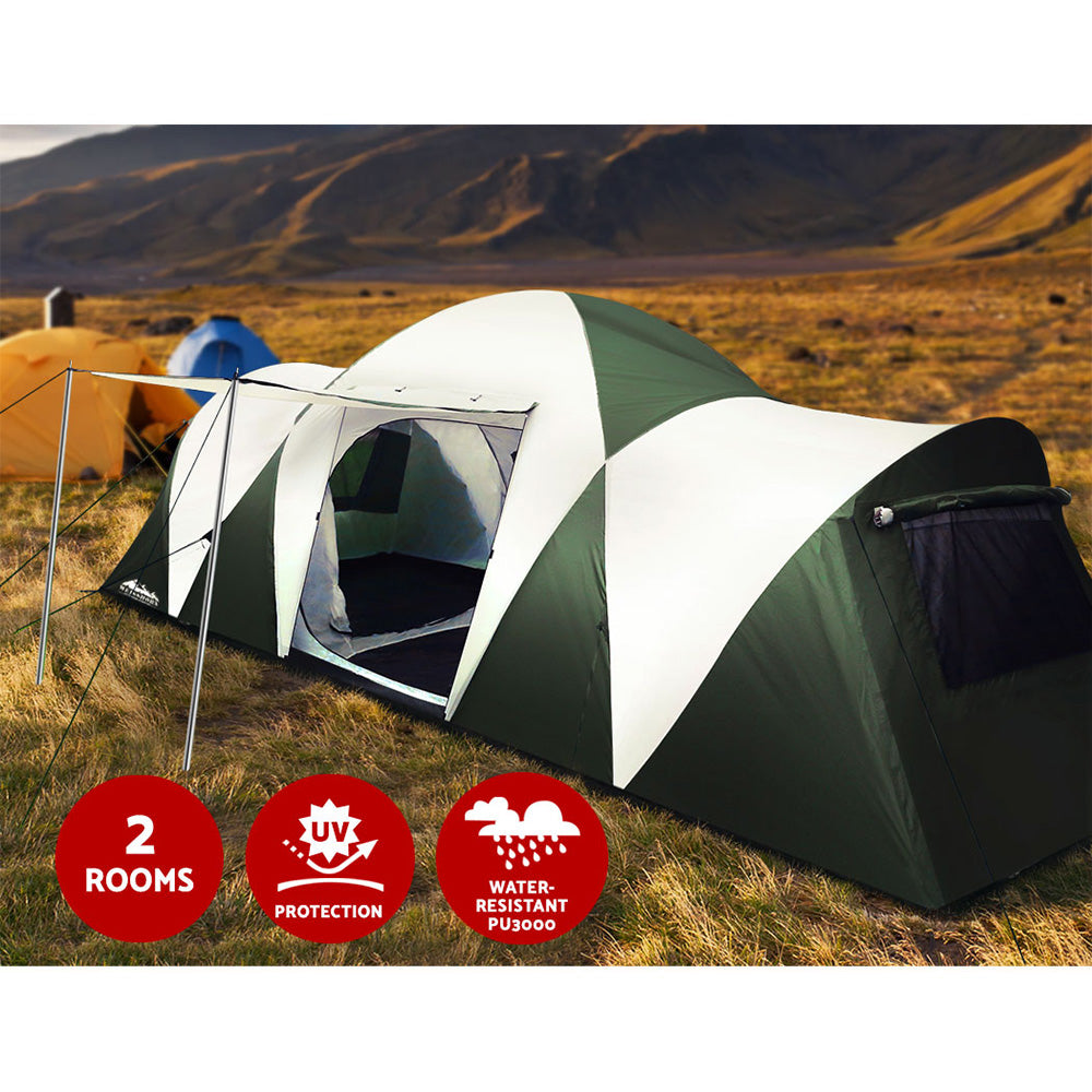 Weisshorn Family Camping Tent 12 Person Hiking Beach Tents (3 Rooms) Green-ACT