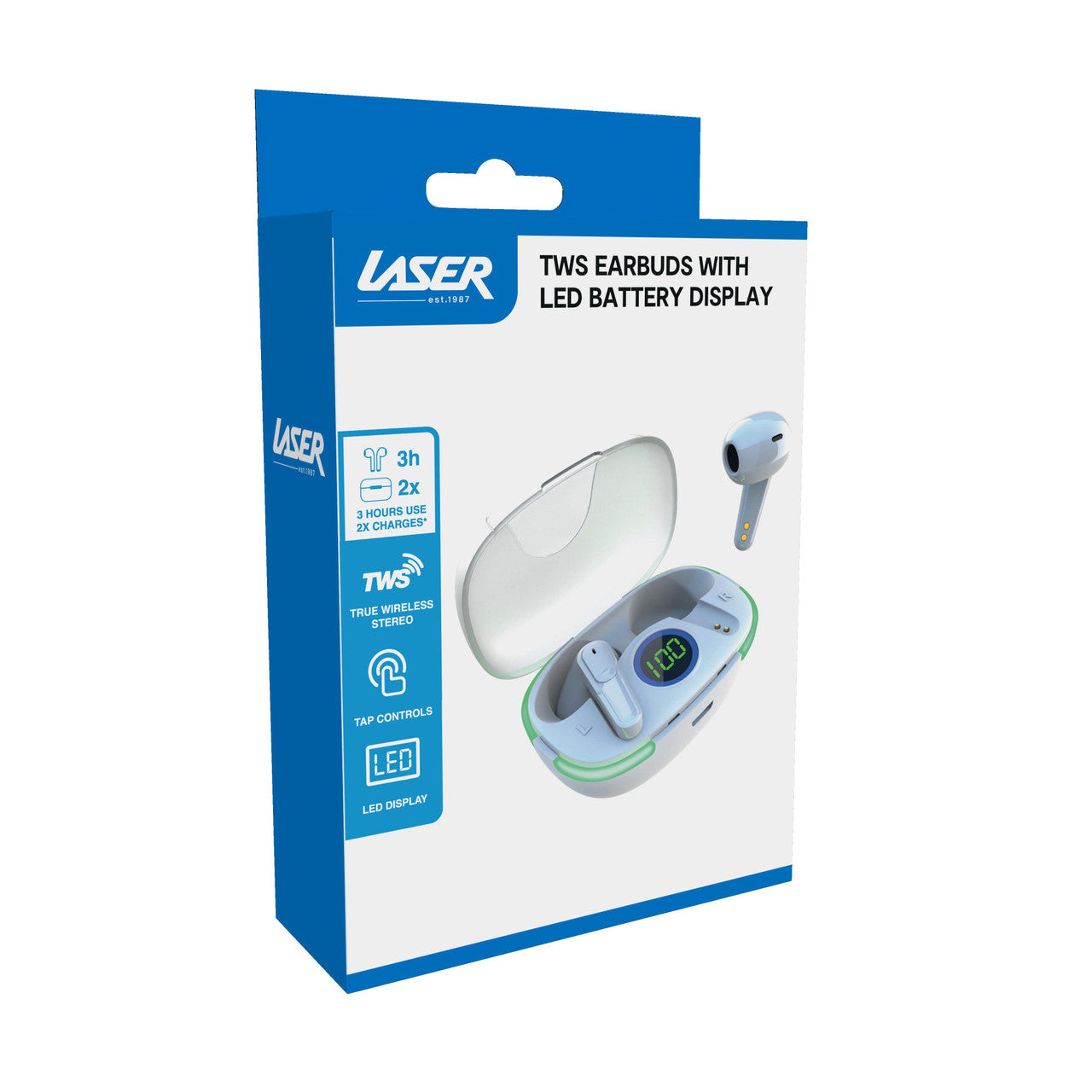 Laser TWS Earbuds with LED Display - White