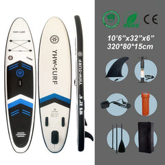 Inflatable vertical paddle set for water sports and surfing-including air pump, paddle, rope, backpack, fin box and maintenance tools.