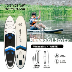 Inflatable vertical paddle set for water sports and surfing-including air pump, paddle, rope, backpack, fin box and maintenance tools.