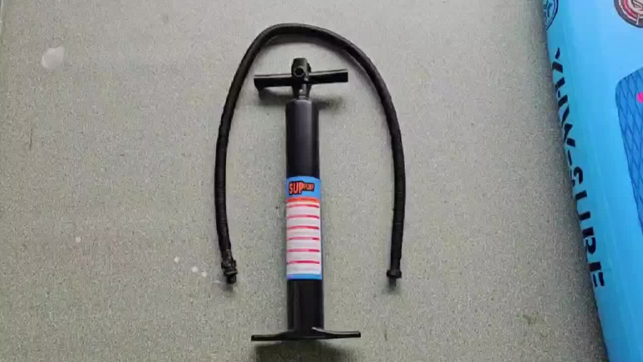 Inflatable vertical paddle set for water sports and surfing-including air pump, paddle, rope, backpack, fin box and maintenance tools.