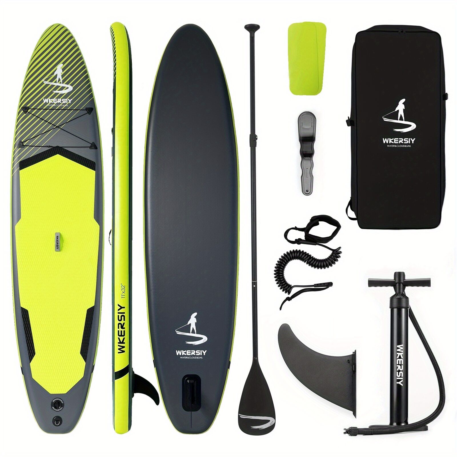 Inflatable vertical paddle set for water sports and surfing-including air pump, paddle, rope, backpack, fin box and maintenance tools.