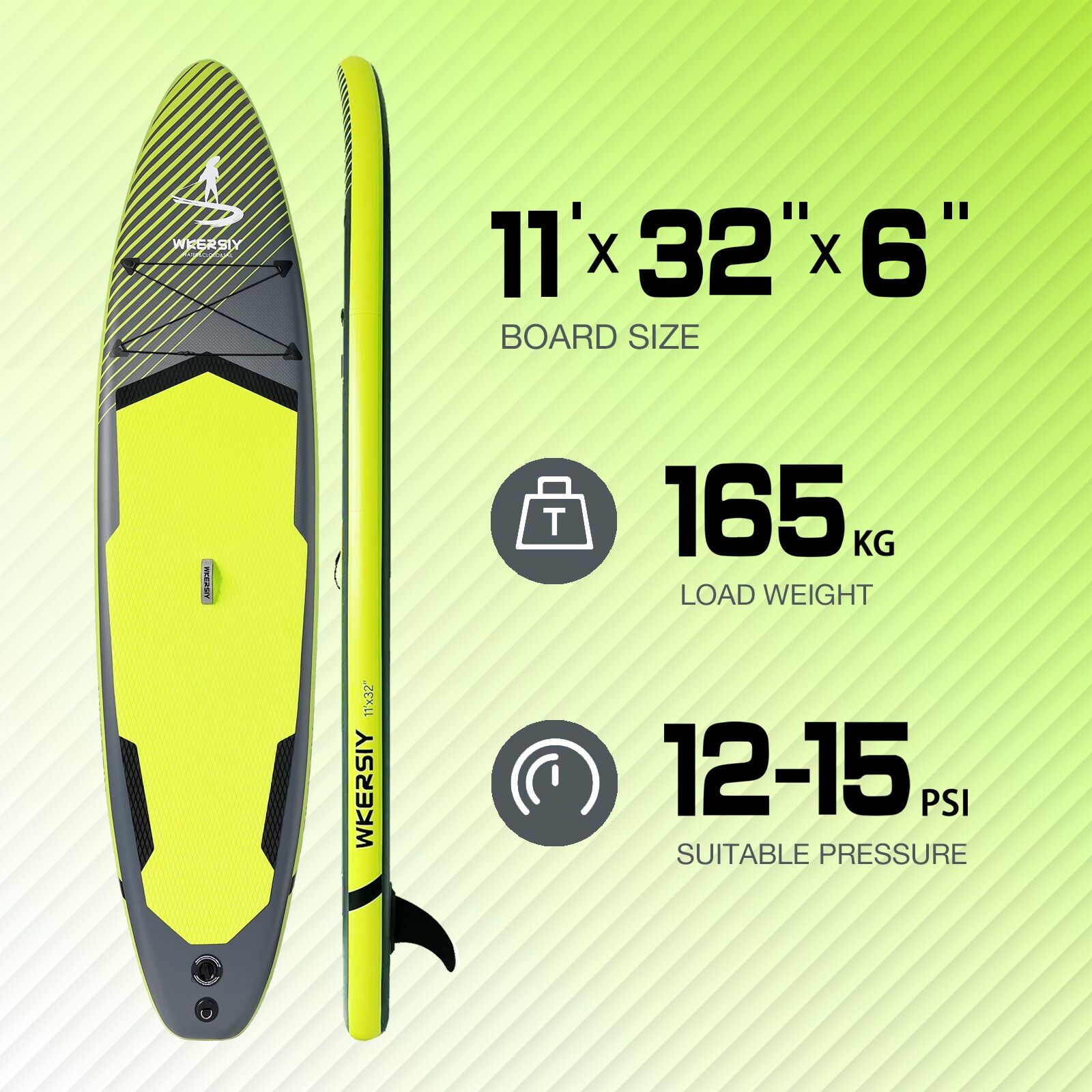 Inflatable vertical paddle set for water sports and surfing-including air pump, paddle, rope, backpack, fin box and maintenance tools.