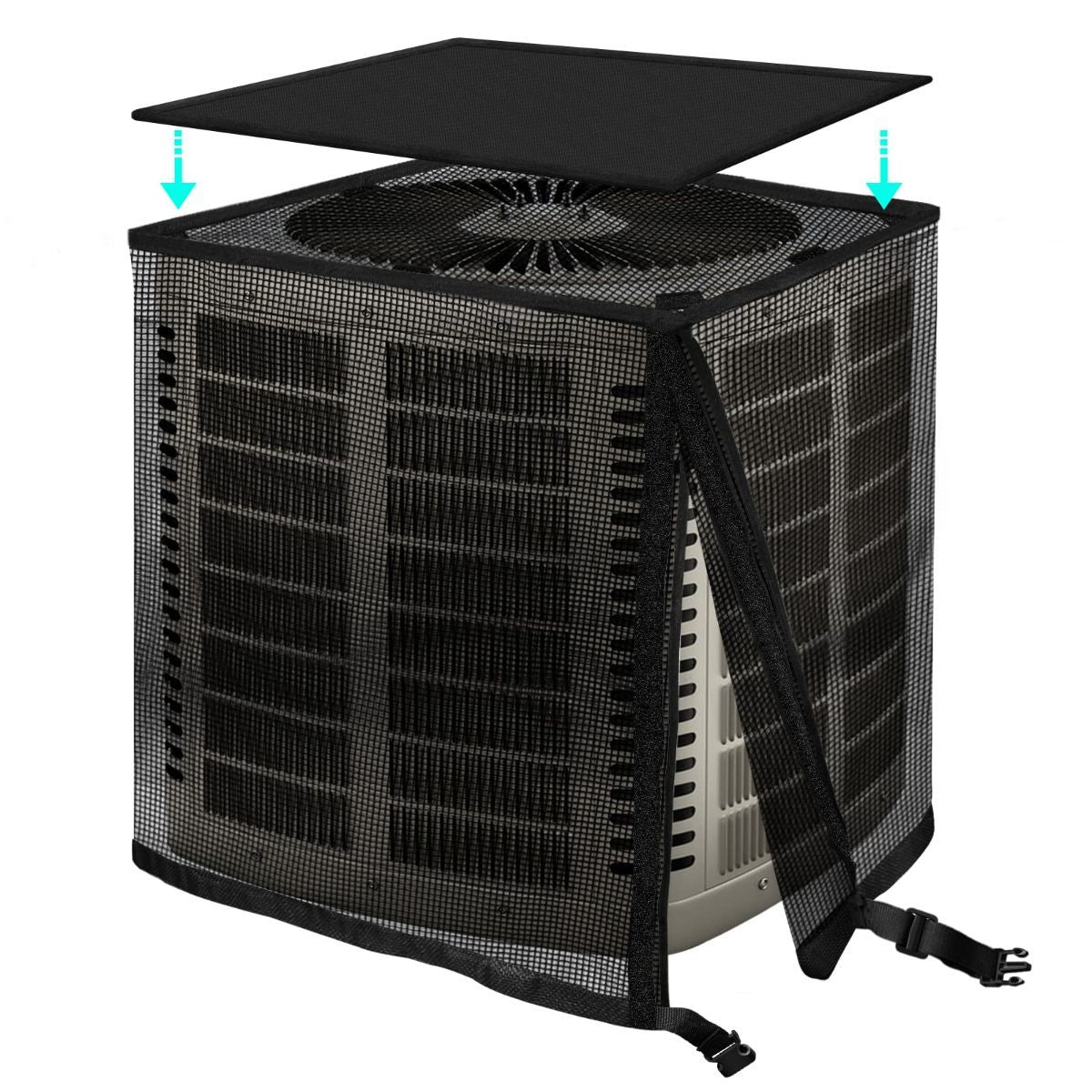 28.5*28.5*30in 2 in 1 Air Conditioner Cover for Outside,  All Seasons Outdoor Air Conditioner Cover with Waterproof Top, Mesh AC Unit Cover Against Cottonwood, Leaves, Snow, Anti-UV - Black