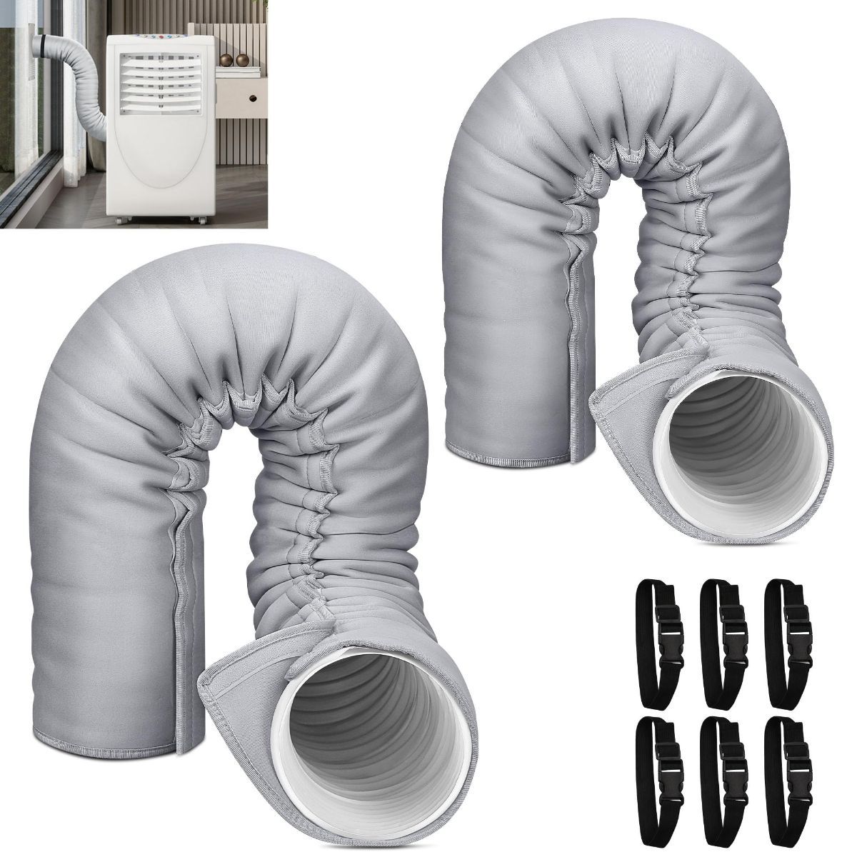 2Pack Portable AC Hose Insulation Sleeve, Portable Air Conditioners Insulated Hose Cover Wrap, Fit 5" & 5.9" Diameter Exhaust Hose, Easy Installation with 3*Adjustable Buckle Straps - Gray