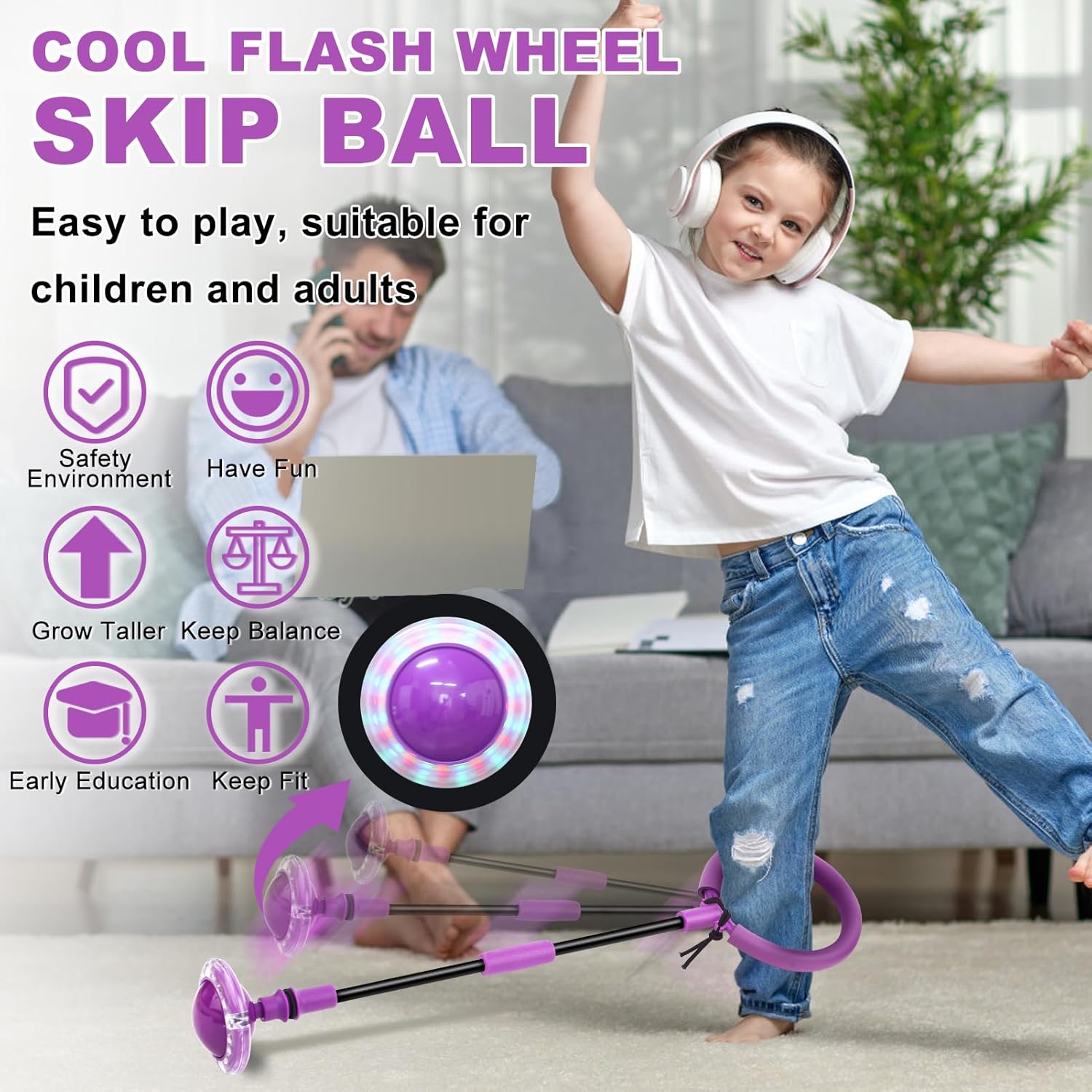 Skip Ball for Kids, Portable Foldable Colorful Flash Wheel Swing Ball Sports Fitness Toys for Girls & Boys, Toy for Kids & Adults. Gifts for Mom Women & Girls Toys Age 5-10 Years (Purple )