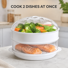 2 Tier Microwave Food Steamer 21cm, Oil-Free Cooking, Food Grade PP, Cooks Two Dishes at Once