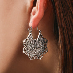 Vintage Silver Mandala Flower Dangle Earrings