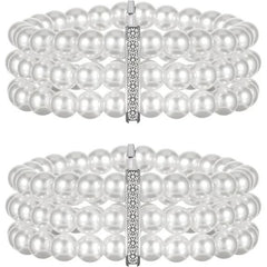 Pearl Cuff Bracelet 2pcs 1920s Imitation Pearl Bracelet Multi-Layered Elastic Bangle 3 Rows Faux Pearls Accent Off White Stretch Wrist Bracelet Vintage Pearl Bracelets For Women Bridal Wedding Jewelry