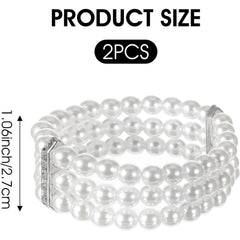 Pearl Cuff Bracelet 2pcs 1920s Imitation Pearl Bracelet Multi-Layered Elastic Bangle 3 Rows Faux Pearls Accent Off White Stretch Wrist Bracelet Vintage Pearl Bracelets For Women Bridal Wedding Jewelry