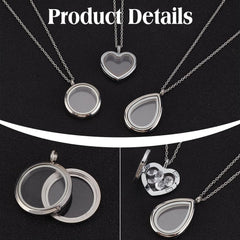 3 Styles Locket Pendant Necklace 304 Stainless Steel Memory Floating Charms Round Memory Necklace Teardrop Heart Pendant Buckle Closure for Women Friendship Necklace Memory Nostalgic