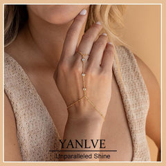 Hand Chain Bracelet 14K Plated Gold Bracelet Stack Finger Ring for Women Adjustable Rhinestone Ring Bracelet Hand Chain for Women Trendy Jewelry Non Tarnish Gold Ring Hand Bracelet Gold