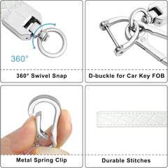 Leather Wristlet Keychain,Car Key Chain Wrist Keychain with 3 Key Ring and Anti-Lost D Ring (White Silver)