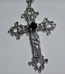 Large Gothic Cross Necklace silver-tone pendant with glass stone, on 24" steel chain…
