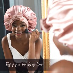 Satin Hat Silk Hat for Sleep Double Layer Satin Lined Hair Cap With Tie Caps For Women Naturally Curly Hair Pink