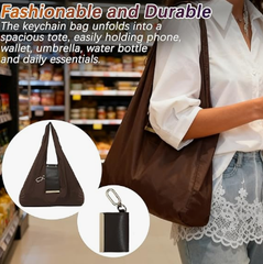 Keychain Tote Bag Compact & Expandable for On the Go, Foldable Tote Bag with Key Ring for Daily Errands - Brown