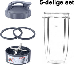 5 Pieces - Suitable for Nutribullet Blender Cup and Blade Replacement Set - Includes Large 32 Oz Cup - 1 Flip-Up Carrying Lid - 1 Premium Extractor Blade - 2 Rubber Seals - Compatible with Nutribullet 600w/900w Blenders
