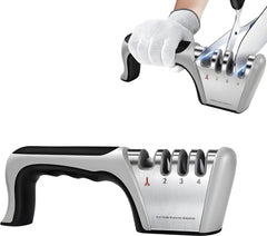 4-in-1 Knife Sharpener - Stainless Steel - Anti-Slip Knife Sharpener - Pull-through Sharpener - 4 Settings - With Anti-Slip Base - Sharpening Steel for Knives - Scissor Sharpener - Sharpening - For Polishing Knives, Scissors, and Other Knives