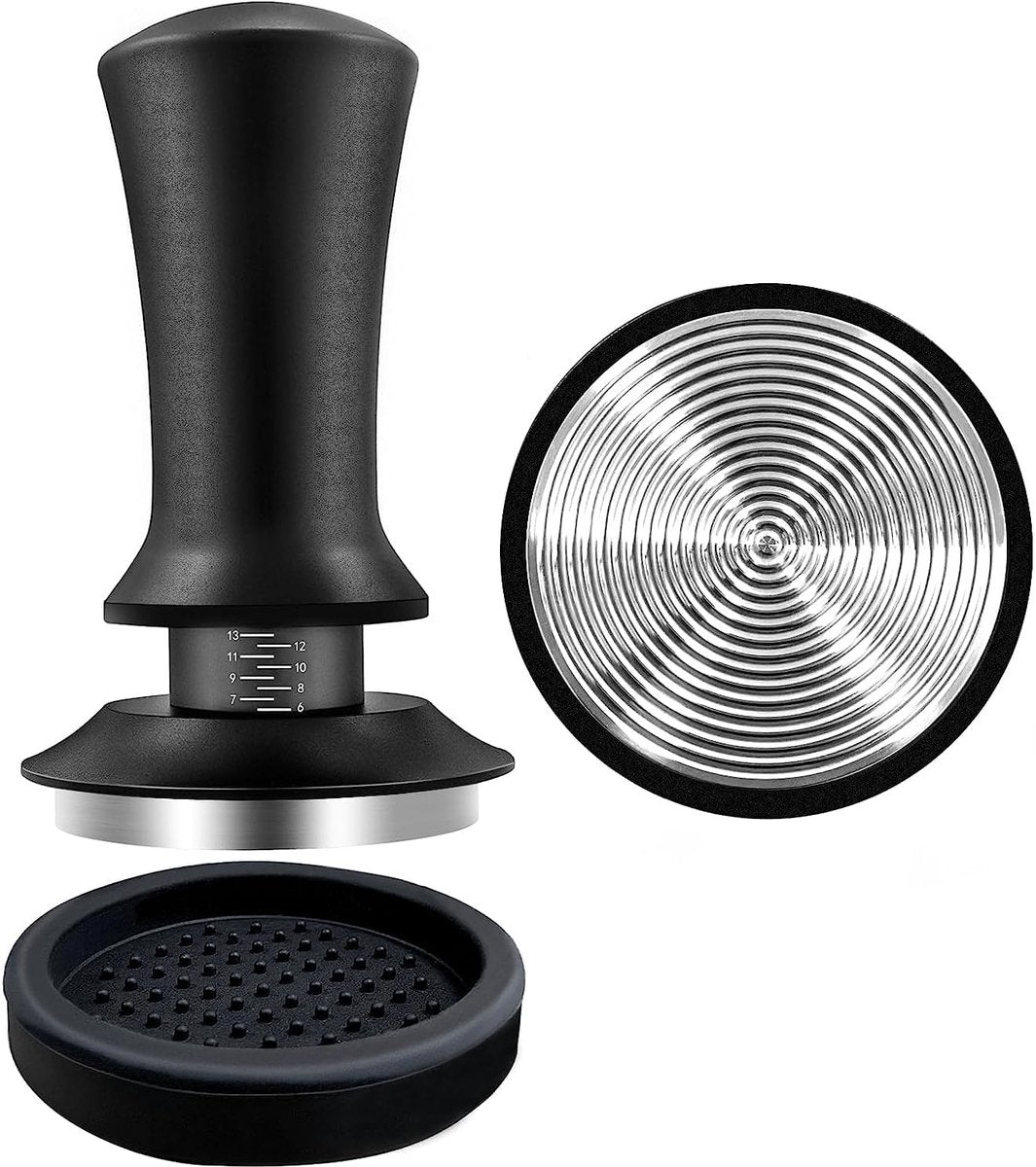 Coffee tamper - Tamper - 51 mm - Coffee press - Espresso tamper - 304 stainless steel - Aluminum handle - Base Ripple - Scale adjustment - For cafes, coffee lovers - Black