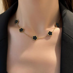 Lucky Clover 18K Gold Plated Clover Necklace Bracelet Earring for Women Fashion Cute Simple Jewelry Sets Hypoallergenic Women Jewelry Gift (Black)