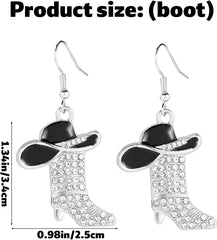 3pcs Western Cowgirl Accessories Set, Rhinestone & Enamel Cowboy Hat & Boots Dangle Earrings and Matching Necklace Country Concert Western Dress-Up Accessory for Women