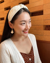 Women's Boho Knotted Wide Pearls Headbands for Women Non Slip, White Fabric Stretchy Cute Knot Headband, Girls Hair Accessories (Cream Knot)