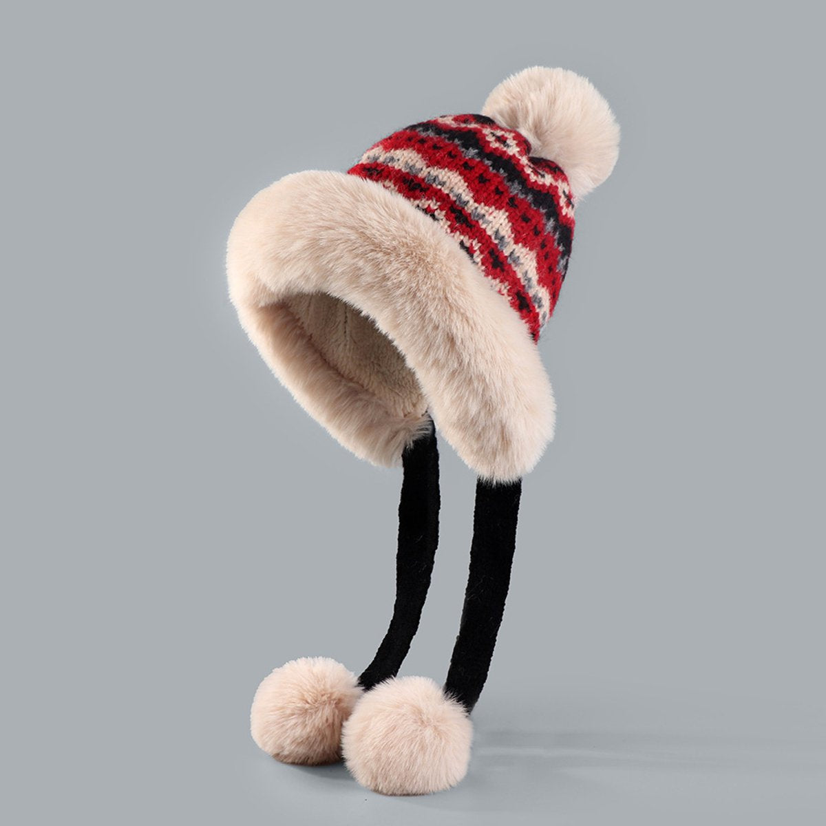 Hat - Thick wool knitted women's hat - Women's winter hat - Winter hat with pompoms - Warm wool lining - Aviator hat with earflaps - Christmas gift - Birthday gift (black)