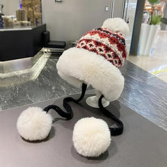 Hat - Thick wool knitted women's hat - Women's winter hat - Winter hat with pompoms - Warm wool lining - Aviator hat with earflaps - Christmas gift - Birthday gift (black)