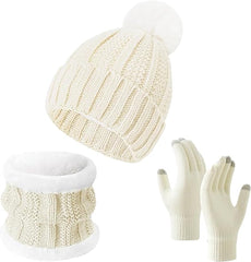 Gloves, hat and scarf - three-piece set - winter knitwear - lined with fleece and thickened - warm and cold resistant - white