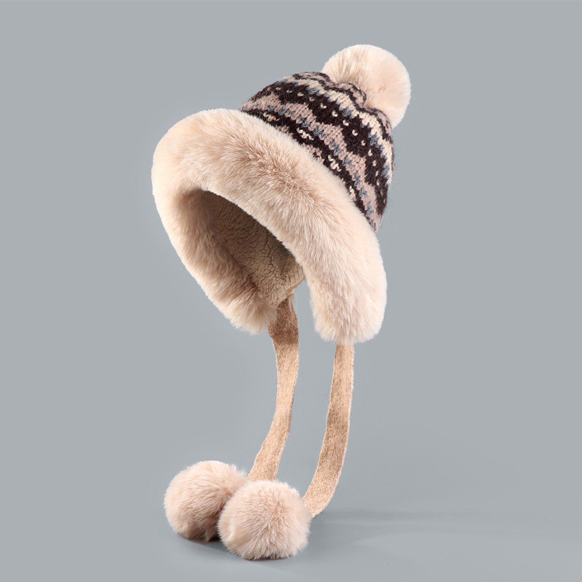 Hat - Thick wool knitted women's hat - Women's winter hat - Winter hat with pompoms - Warm wool lining - Aviator hat with earflaps - Christmas gift - Birthday gift (beige)