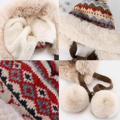 Hat - Thick wool knitted women's hat - Women's winter hat - Winter hat with pompoms - Warm wool lining - Aviator hat with earflaps - Christmas gift - Birthday gift (beige)