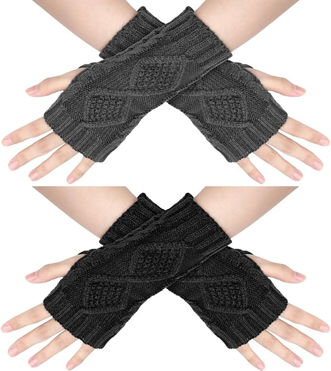 2 Wristbands - Fingerless Gloves - Knitted Women's - Wristbands - Long Knitted Wristbands - Winter Gloves - Warm - Unisex - Black + Dark Gray
