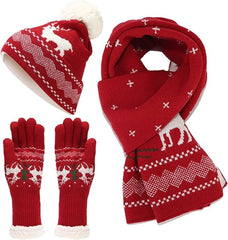 Warm hat, scarves and gloves - Set of 3 - Women's scarf - Warm hat with fleece lining - Knitted hat with pompoms - Warm scarf - Warm gloves - Christmas accessories - Christmas gift - Gifts for family and friends (Red)