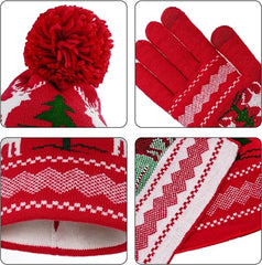 Warm hat, scarves and gloves - Set of 3 - Women's scarf - Warm hat with fleece lining - Knitted hat with pompoms - Warm scarf - Warm gloves - Christmas accessories - Christmas gift - Gifts for family and friends (Red)