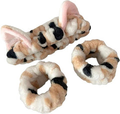 Headbands - 3-Piece Set - Wristbands - Cute Cat Headbands and Wristbands - Designed for Women - Face Cleanser and Makeup for Girls - Plush Hair Ties and Grooming Accessories