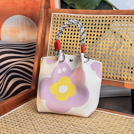 Handbags - Vintage Knitted Shoulder Bags - Casual Knitted Bags - Floral Design - Woven Handle Shopper for Daily Outings & Shopping（Purple）