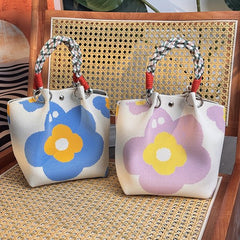 Handbags - Vintage Knitted Shoulder Bags - Casual Knitted Bags - Floral Design - Woven Handle Shopper for Daily Outings & Shopping（Purple）
