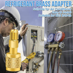 R32 and R454B Refrigerant Brass Adapter, Non-Slip Reverse-Thread Connector for R-32 and R-454B Split System Tanks, 1/4 inch Female to Male