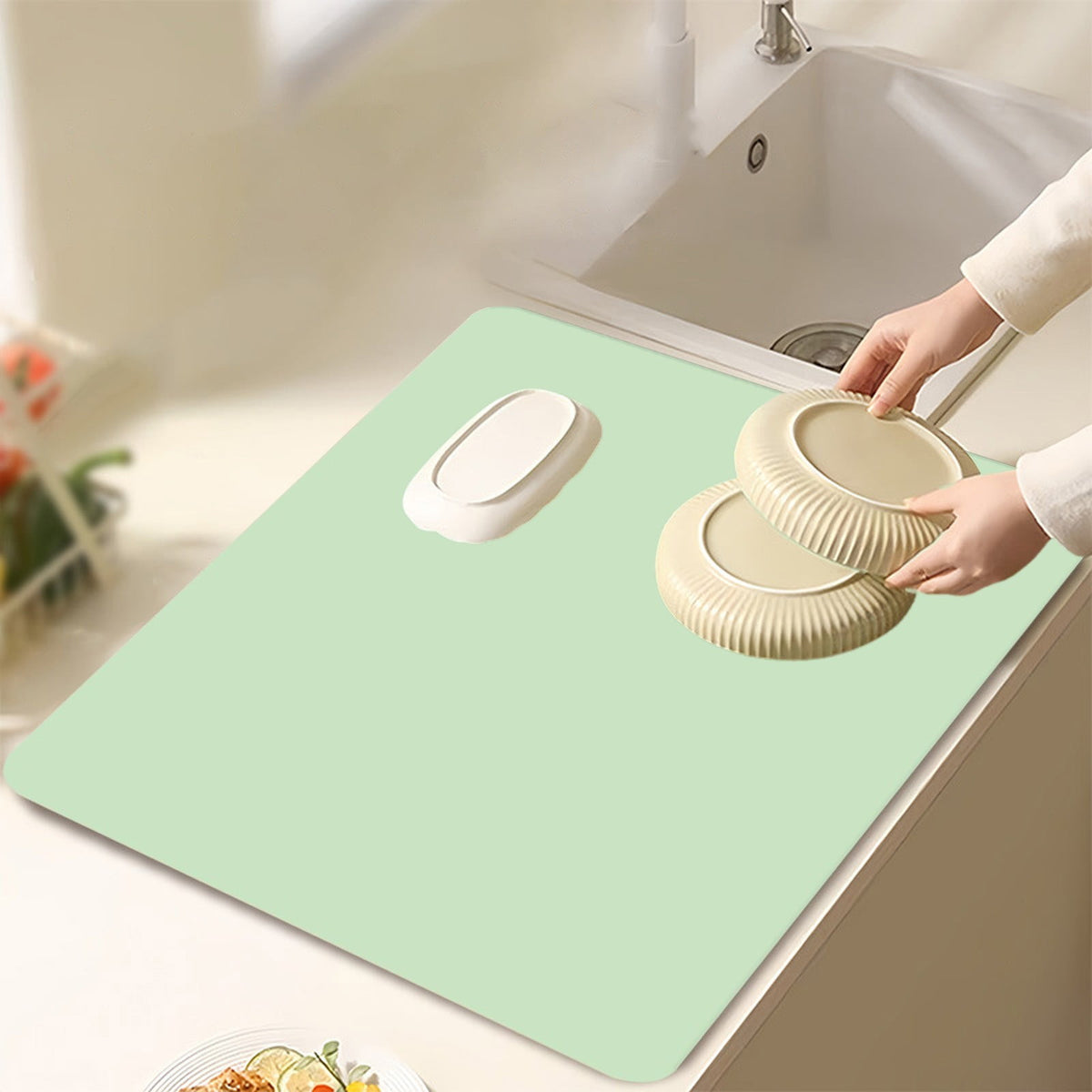 Dish Drying Mat, Highly Absorbent Diatomite Kitchen Drainer Mat for Countertops Sinks and Draining Racks, Green, 12 x 16 Inch