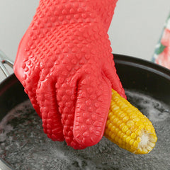 Silicone Oven Mitts Heat Resistant Non Slip Five Finger Baking Gloves for Microwave BBQ Cooking, Red