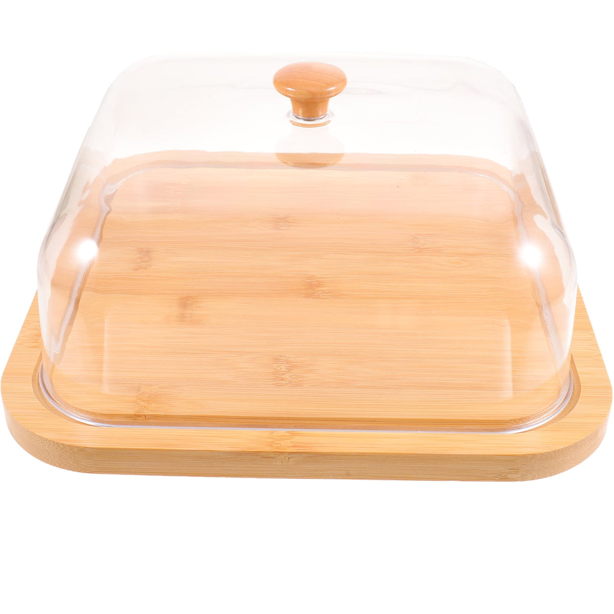 Bamboo Cake Cover Serving Set with Clear Dome Lid, Food Display Tray for Cakes and Pastries, Elegant Design, 10.2x10.2x5.1In