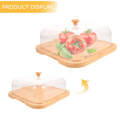 Bamboo Cake Cover Serving Set with Clear Dome Lid, Food Display Tray for Cakes and Pastries, Elegant Design, 10.2x10.2x5.1In