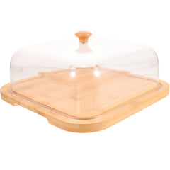Bamboo Cake Cover Serving Set with Clear Dome Lid, Food Display Tray for Cakes and Pastries, Elegant Design, 10.2x10.2x5.1In
